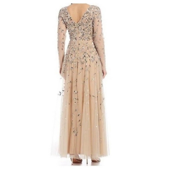 Adrianna Papell Beaded Sheer Long Sleeve V-back Ballgown in Silver/Nude - Picture 3 of 9